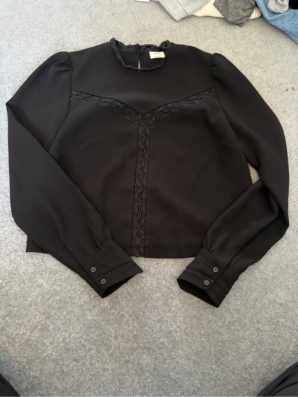 Aritzia Black Lace-Trim Long Sleeve Blouse